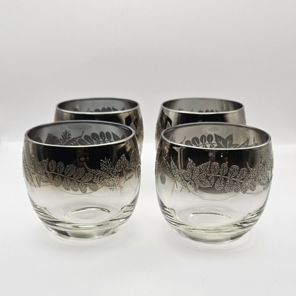 MCM Vitreon Queen's Lusterware Roly Poly Silver Fade Rim Glasses Barware Set/4